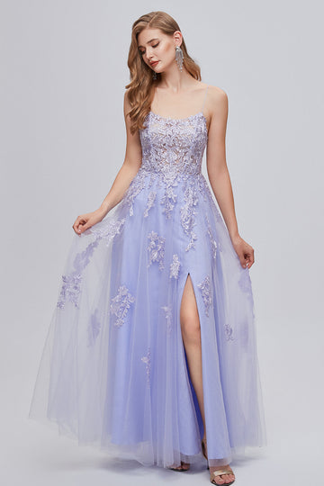 Lavender Spaghetti Straps Appliques Long Ball Dress with Slit